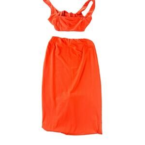Orange Two Piece Crop Tie Top & Midi Skirt Outfit Women's Size Large